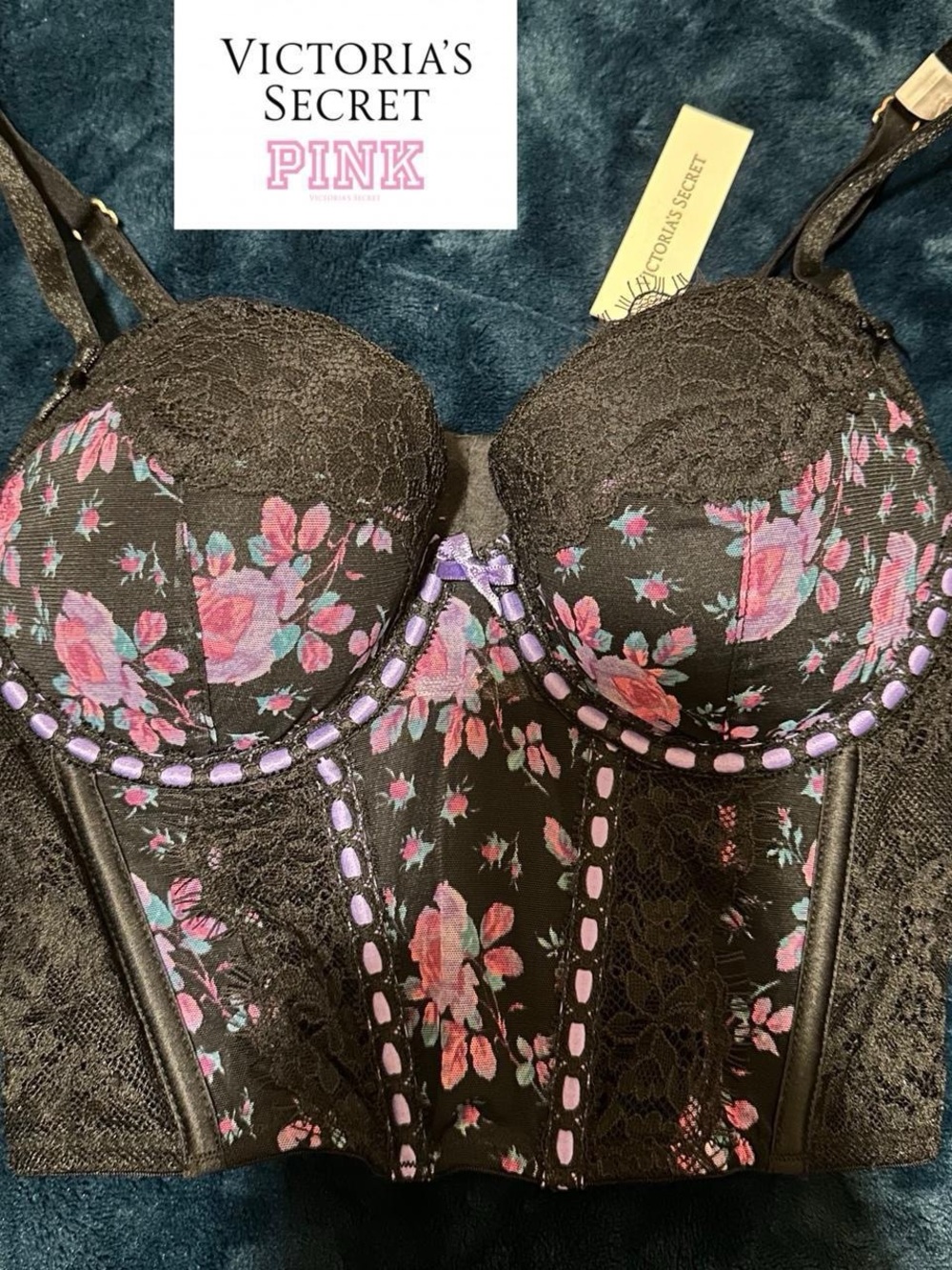 Victoria’s Secret black and pink Floral bow lace corset bra top.